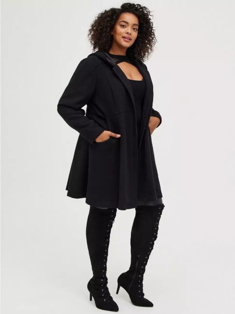 LUXURY OUTERWEAR! Torrid Black Woolen Hooded Fit & Flare Coat